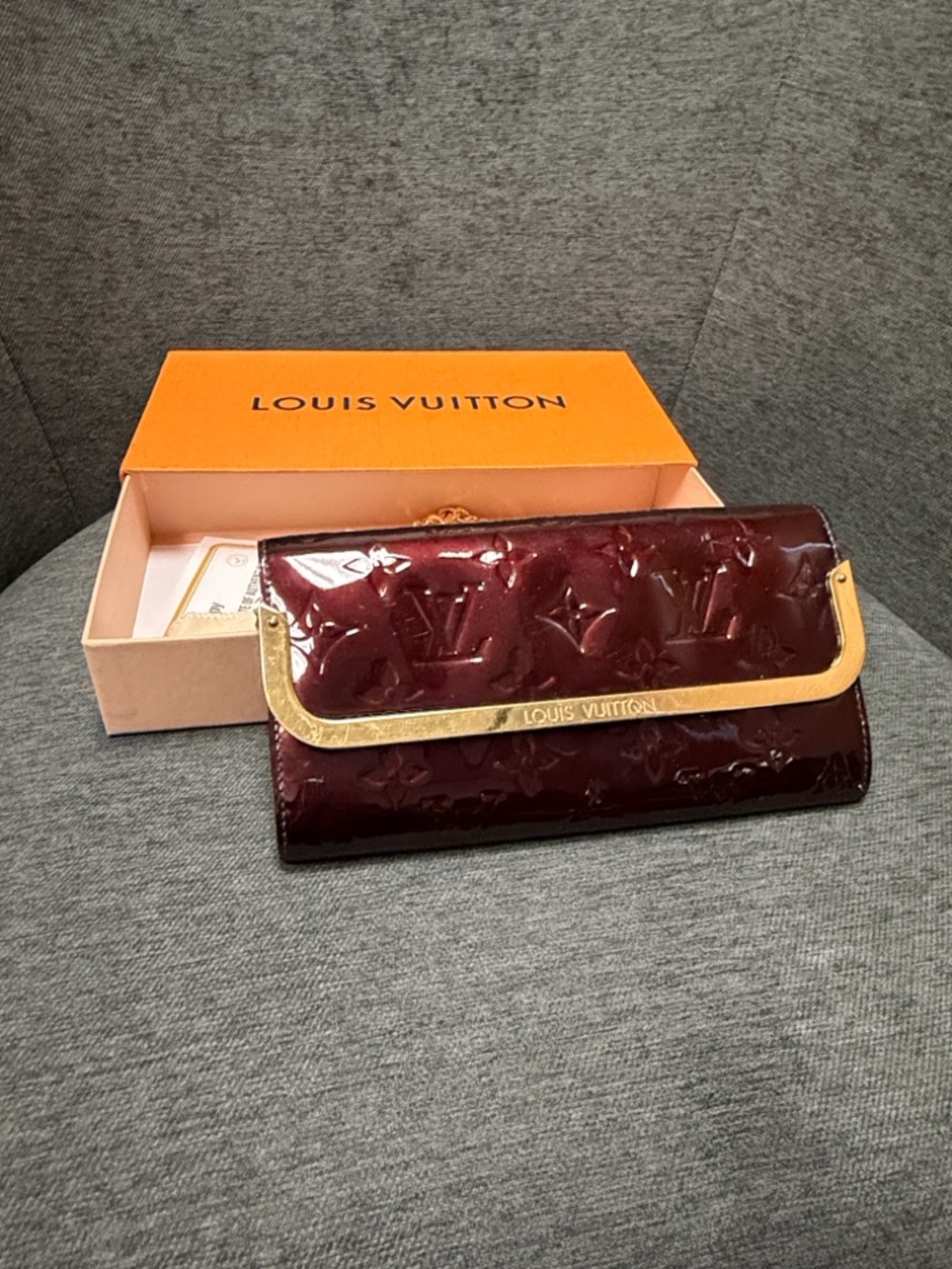 Louis Vuitton Vernis Patent Wallet in Deep Burgundy with Gold Trim